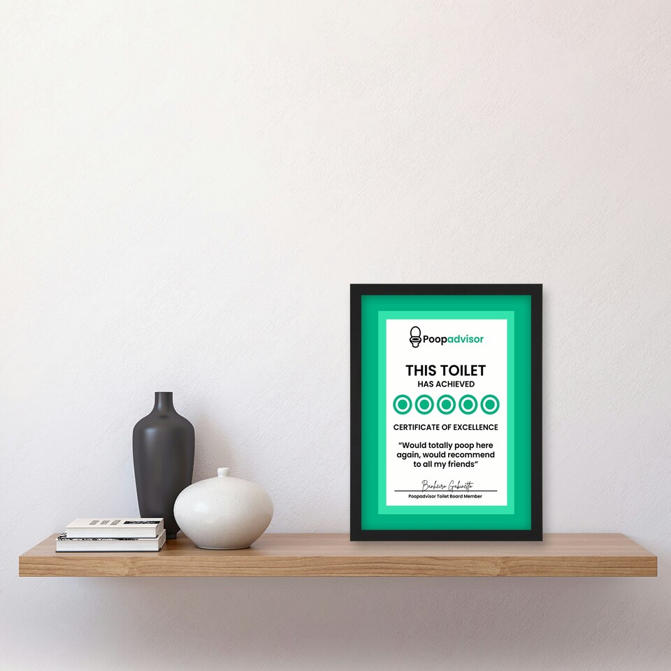 image 1 of Funny Bathroom Sign Five Stars Poop Advisor Toilet Sign A4 Black Framed Wall Art Print