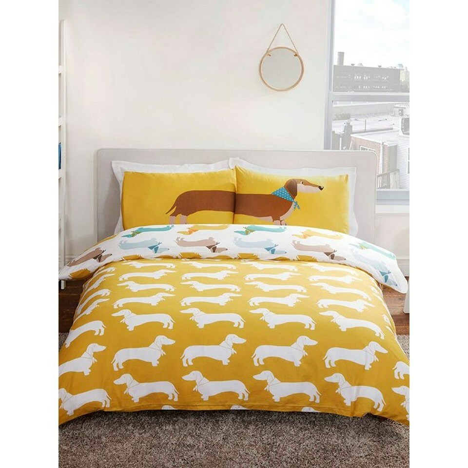 image 1 of Rapport Sausage Dog Duvet Cover Set - White/Yellow - King White | King