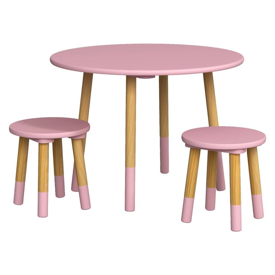 image 1 of Kids Wooden Round Table & Chair Set Toddlers Small Children Home Nursery Play | Multi | pink table with 2 chairs | 3