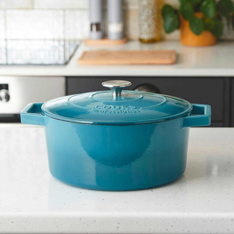 image 1 of Cooks Professional Cast Iron Casserole Set of 2 | 20cm and 26cm | Enamelled Inside and Out | Graduated Teal