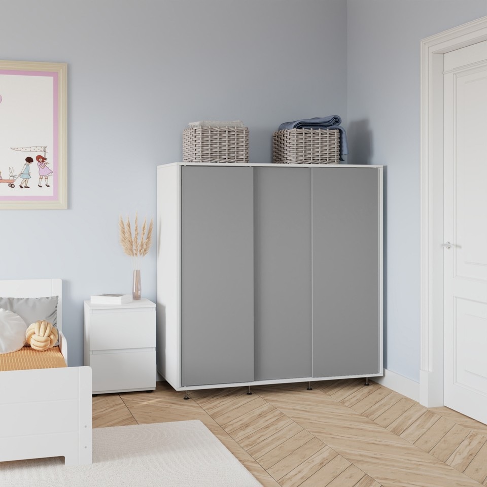 image 1 of 120cm 3 Sliding Doors Children Kids Wardrobe Bedroom Storage Closet Hanging Rail | Multi | White with Grey Doors | 1
