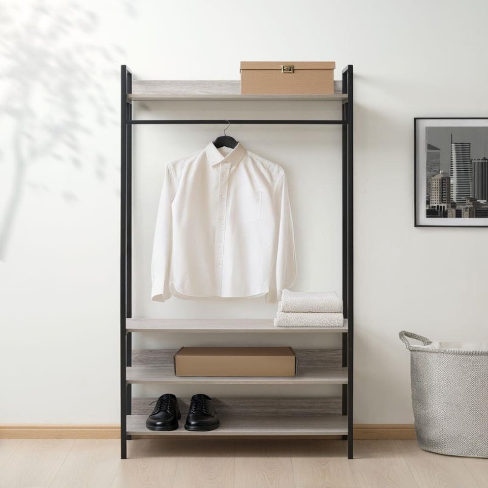 image 1 of Alva Open Wardrobe with 4 Shelves Grey | Grey Oak