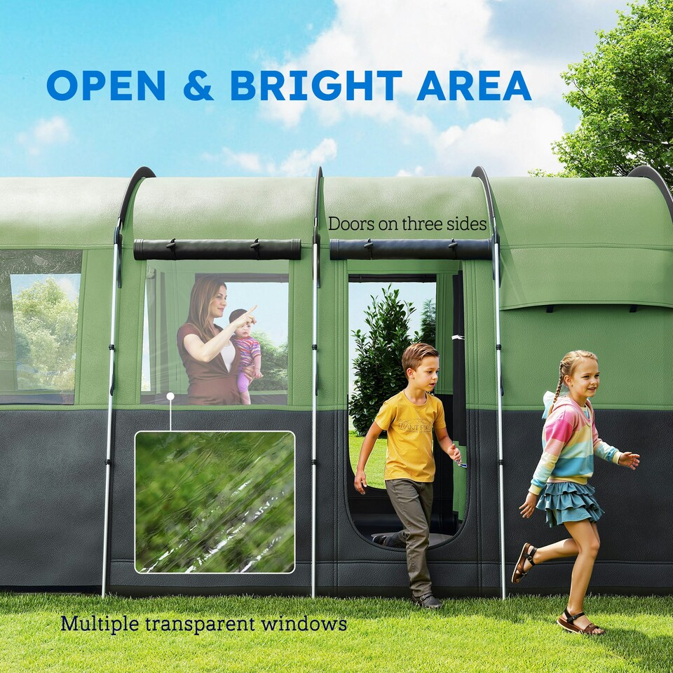image 1 of Outsunny 8-Person Camping Tent Tunnel Design with 4 Large Windows | Green | Green