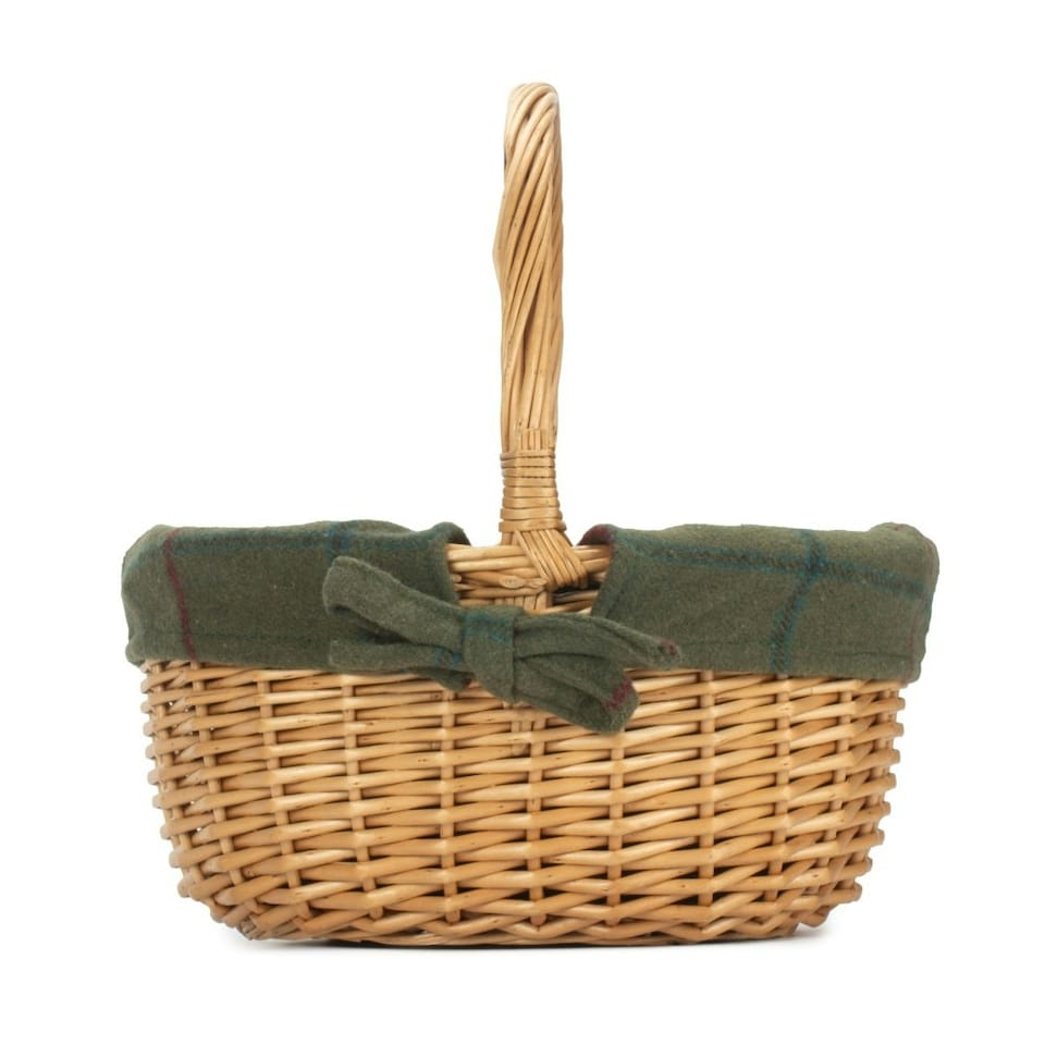 image 1 of Cotton Lined Full Buff Willow Child’s Shopping Basket Green | Green Tartan | One Size
