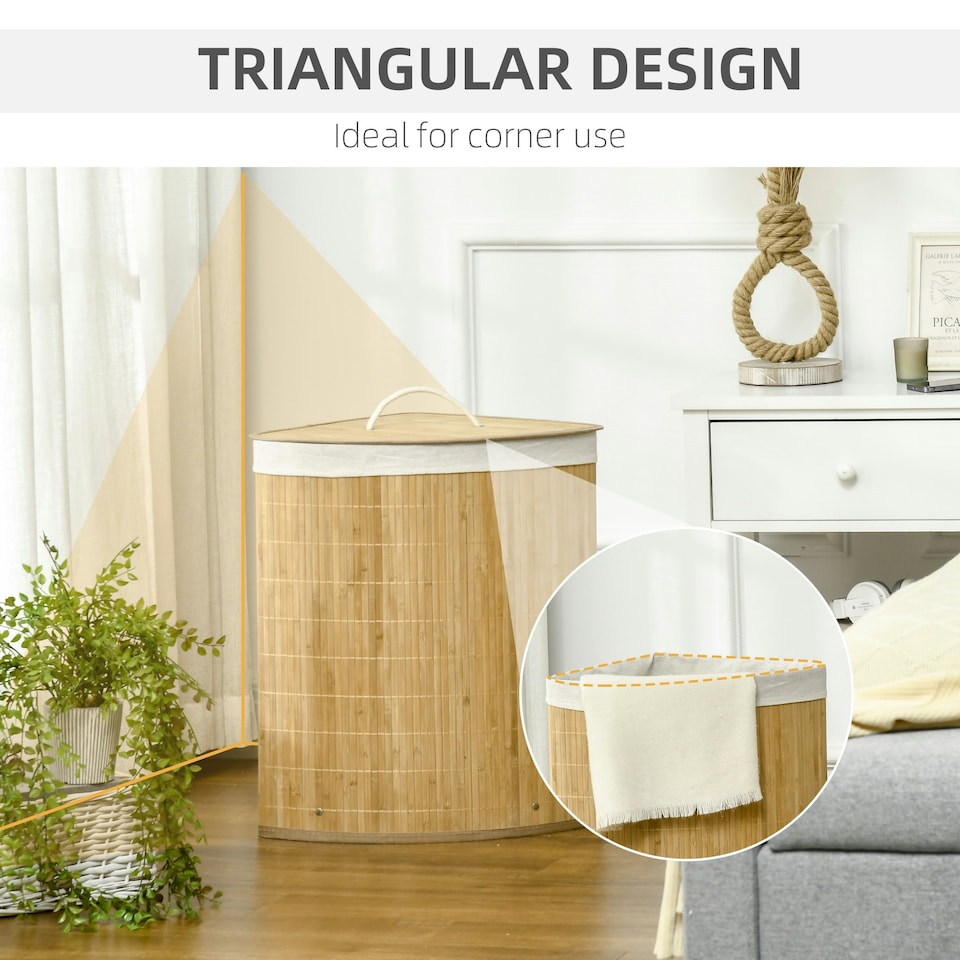 image 1 of HOMCOM 55L Bamboo Corner Laundry Hamper Bamboo Laundry Basket 38x38x57cm Natural