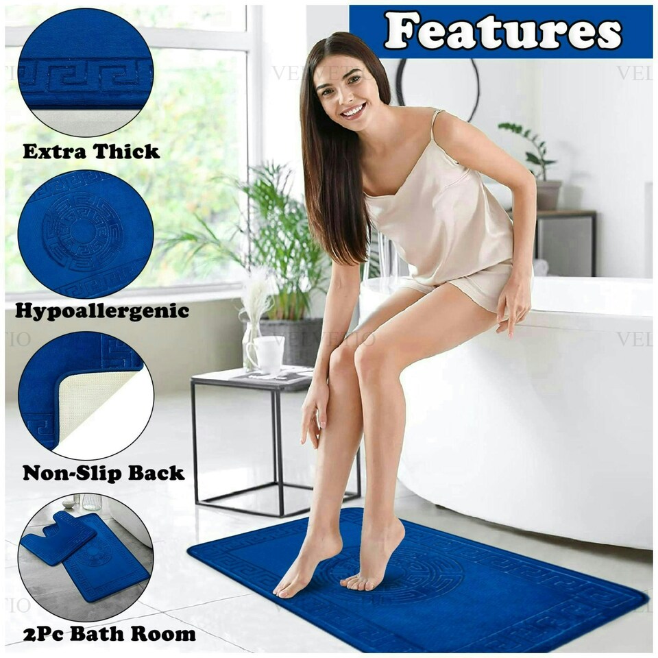 image 1 of VELVETIO Bath Mat Set Greek Pattern Anti Slip Memory Foam Toilet Rug Blue | Royal Blue