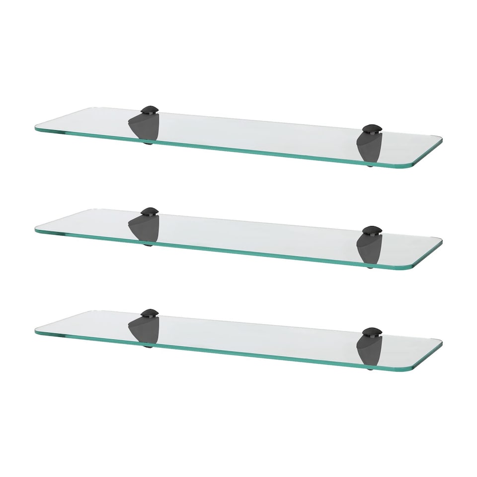 image 1 of Harbour Housewares 3x Rounded Floating Glass Shelves - 50cm - Black Brackets - Bathroom Shower Storage Vanity Display Unit Shelf | Black | Clear/Black | 50 x 13 x 0.5 CM | 3