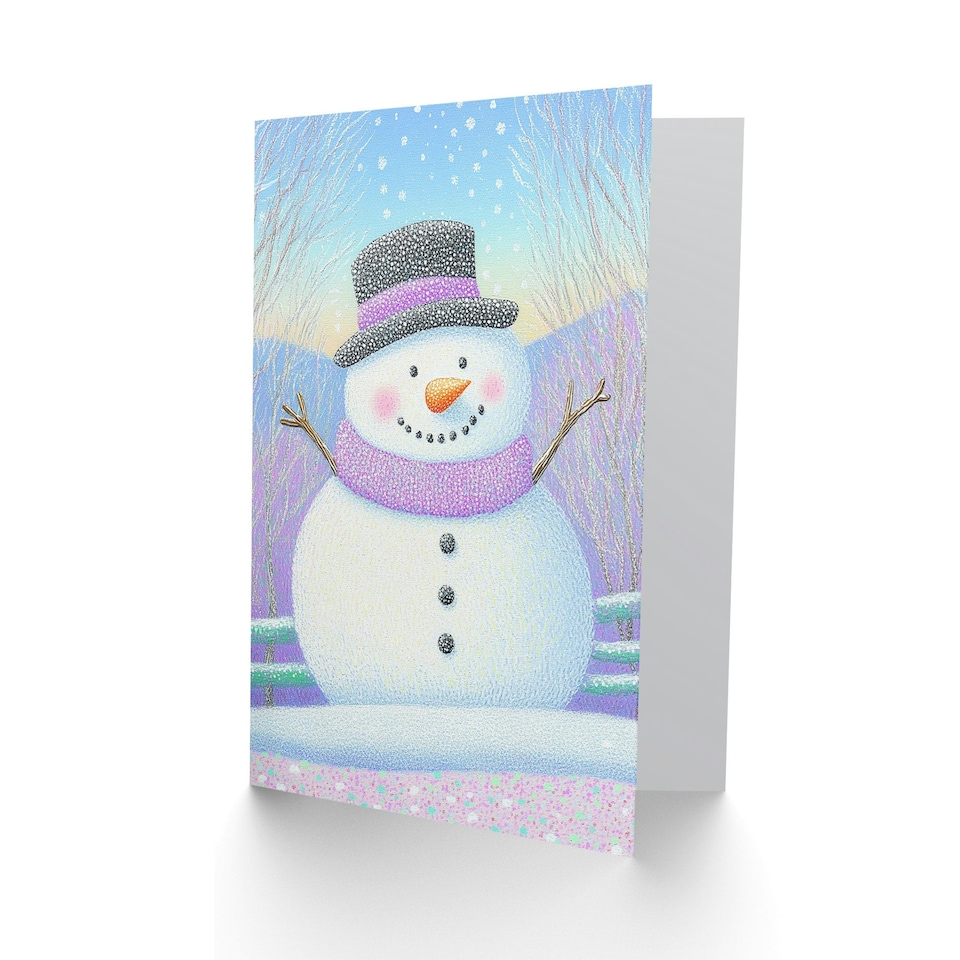 image 1 of Greeting Card Cute Snowman Pastel Purple Winter Countryside Blank For Him Or Her Art Xmas Christmas Card