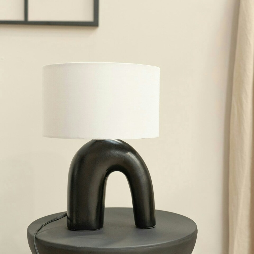 image 1 of ValueLights Lia White Fabric Drum Lamp Shade Black Arch Abstract Ceramic Table Lamp Black