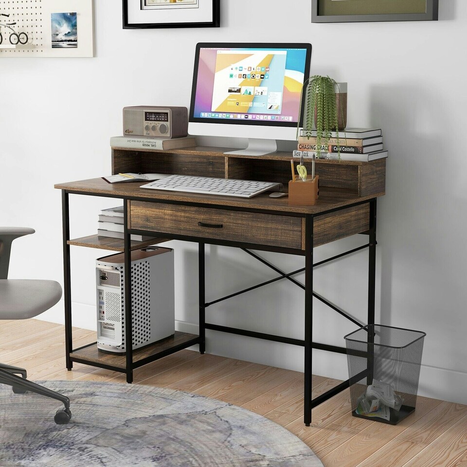 image 1 of COSTWAY Computer Desk Writing Workstation w/Storage Drawer Brown