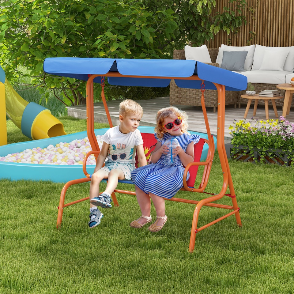 image 1 of Outsunny 2 Seater Kids Swing Chair, Cowboy Themed with Adjustable Canopy