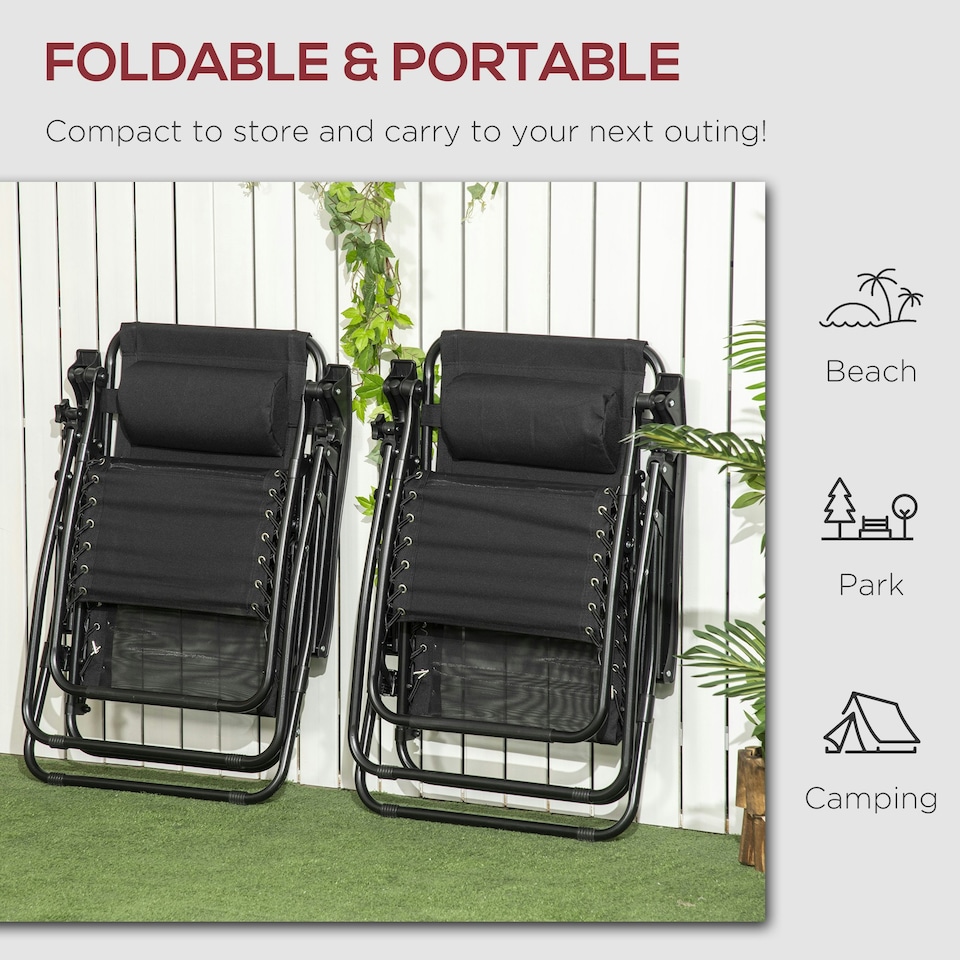 image 1 of Outsunny Foldable Garden Recliner Chair Set of 2 w/ Footstool & Headrest, Black