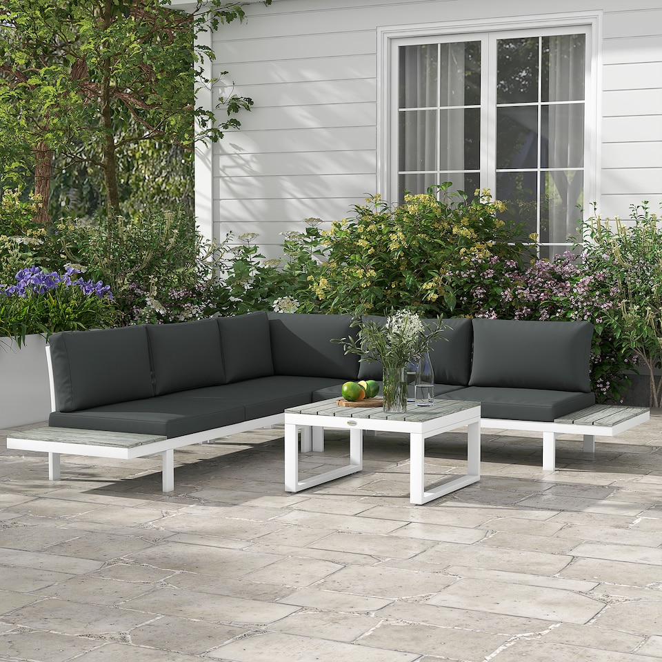 image 1 of Outsunny 4 PCs Garden Set w/ 5-Level Recline Corner Conversation Sofa Set White