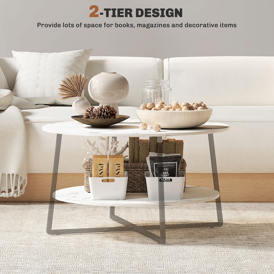 image 1 of HOMCOM 2-Tier Round Coffee Table with Storage Shelf, Living Room Table with Marble Effect Top and Steel Frame, White