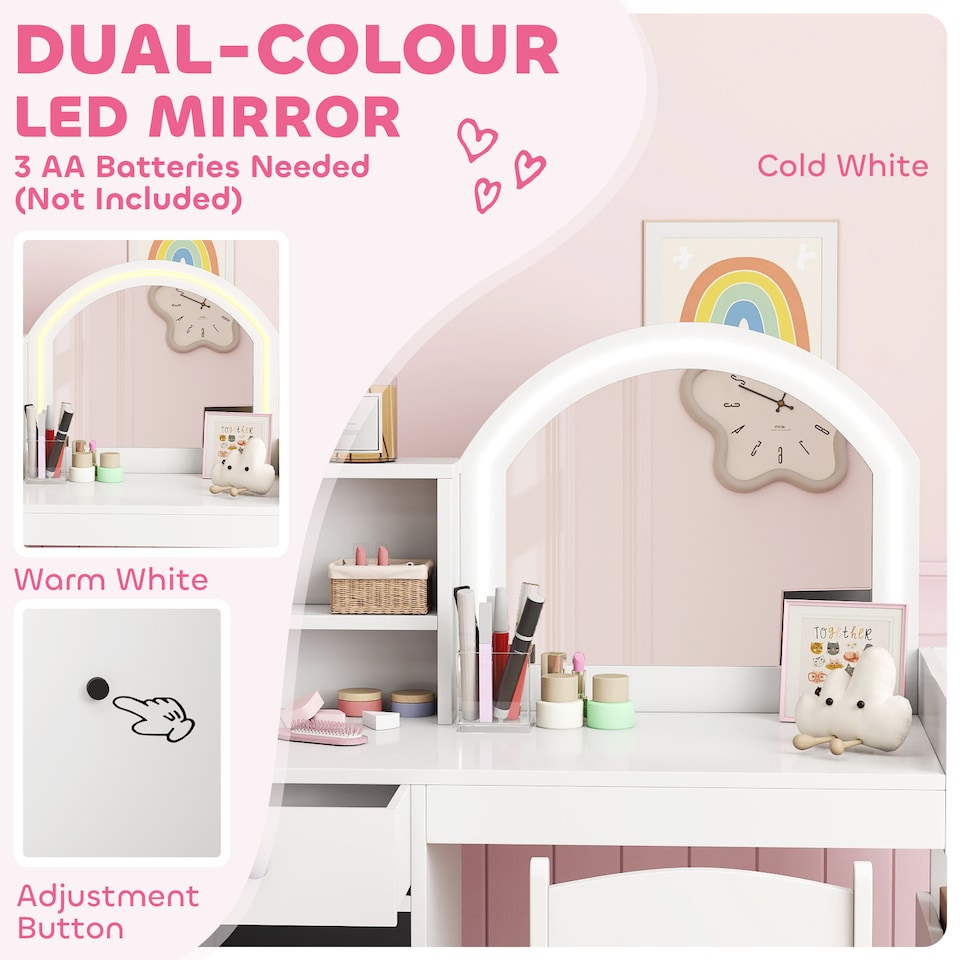 image 1 of AIYAPLAY Kids Vanity Table and Chair Set, Girls Dressing Table with 2-Colour LED Mirror, Stool, Cabinet, Drawer, Bookshelf and Shelves for Ages 3-8 Years | White