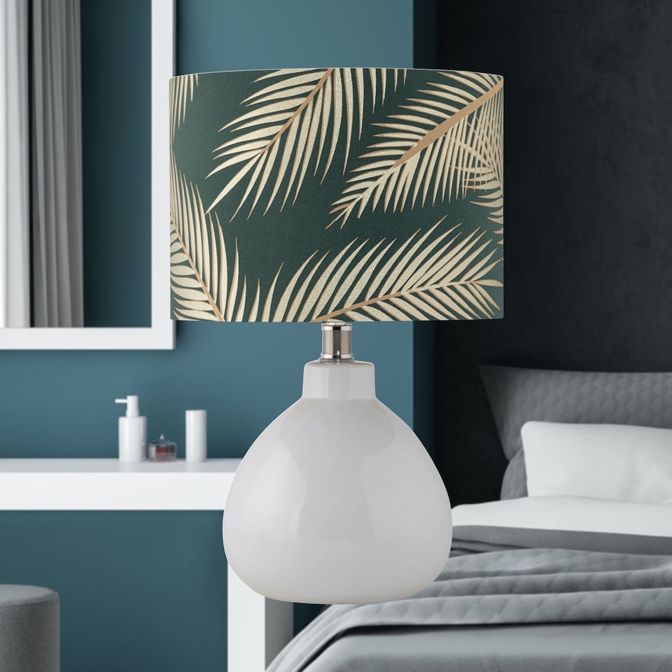 image 1 of Set of 2 Tuscan - White Ceramic Lamps with Tropical Green Shade | White | Green | Medium | 2