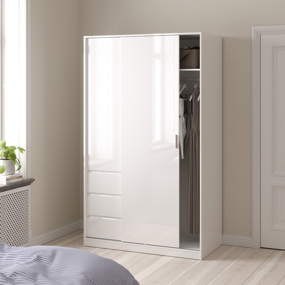 image 1 of Naia Wardrobe with 1 Sliding Door 1 Door 3 Drawers in White High Gloss