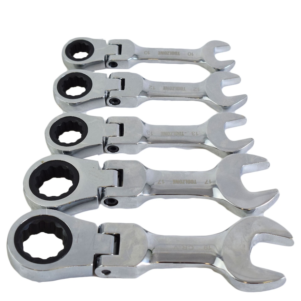 image 1 of 5pc Flexi Stubby Ratchet Spanner 10-19mm Metric Wrench Geared 72 Teeth CRV