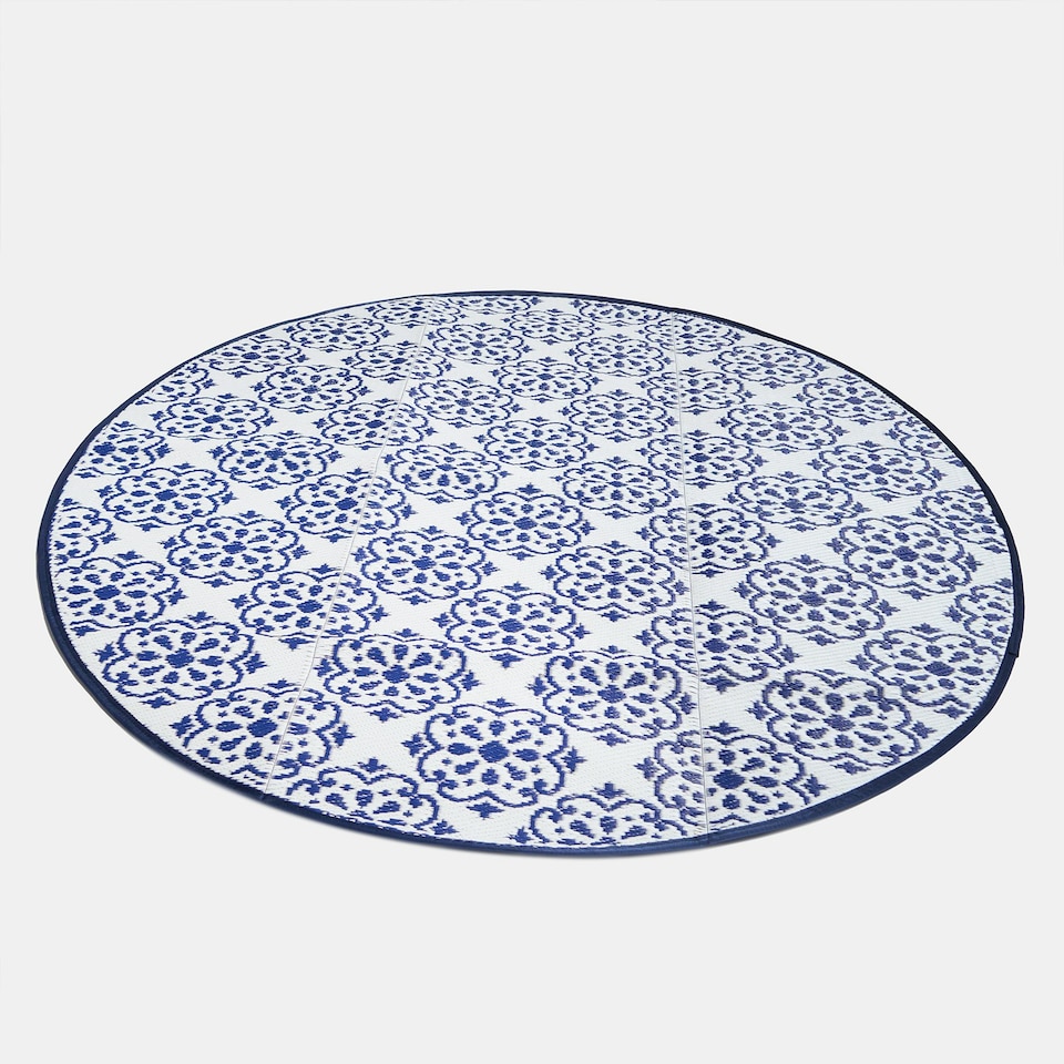 image 1 of OHS Blue Tiles Large Outdoor Garden Patio Waterproof Floor Mat Rug Blue | Blue and White | 170cm Diameter
