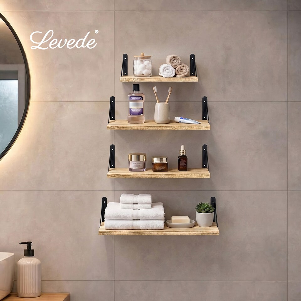 image 1 of Levede Wall Mounted Floating Shelves Set of 4 Rustic Display Shelf Solid Wood