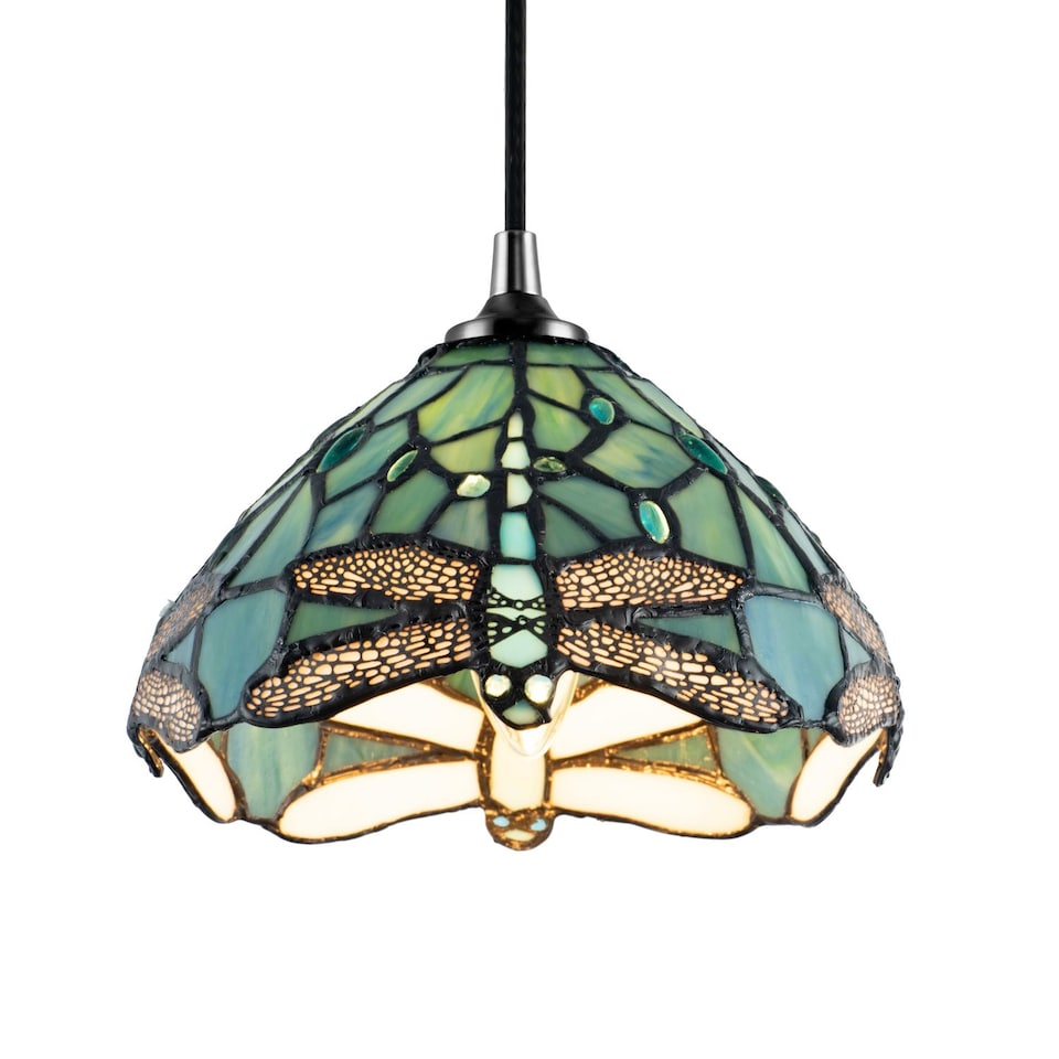 image 1 of Dragonfly Themed Emerald Stained Glass Tiffany Pendant Lighting Shade with Beads | Green | Emerald Green | 1