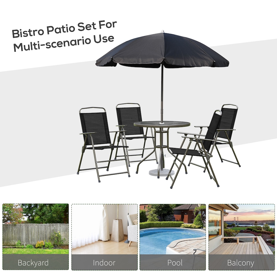image 1 of Outsunny 6 Piece Garden Dining Set with Umbrella, Patio Sets with Parasol with 4 Folding Dining Chairs & Round Tempered Glass Table, Black