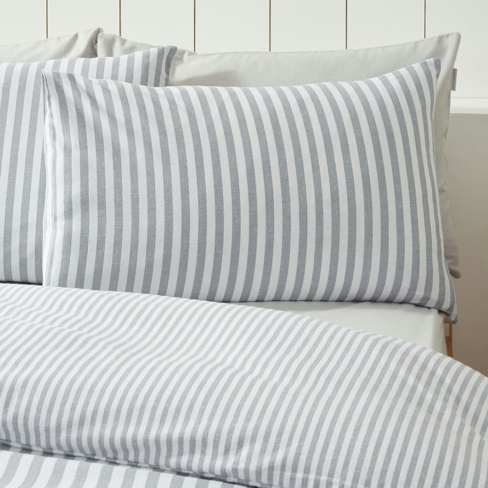 image 1 of Catherine Lansfield Brushed Stripe Cotton Reversible Duvet Cover Set Silver Grey | Silver | King