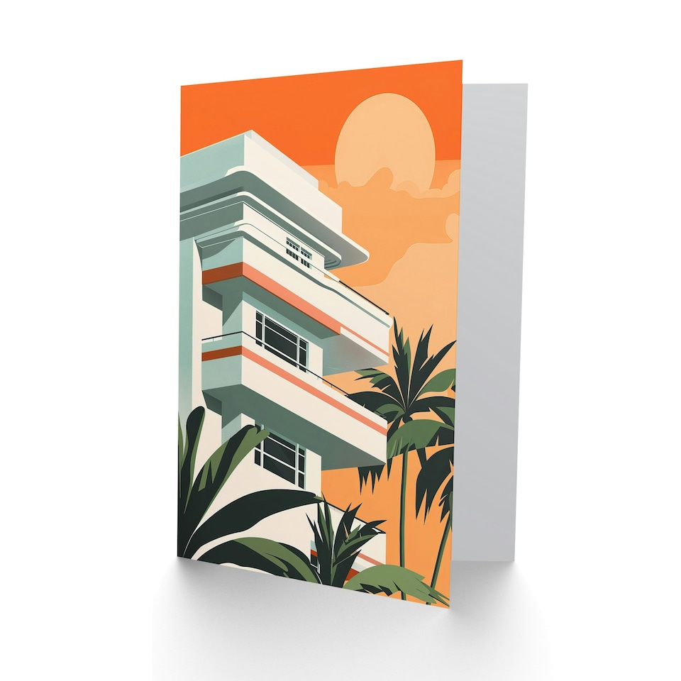 image 1 of Tropical Apartment At Sunset Palm Trees Him Her Birthday Card