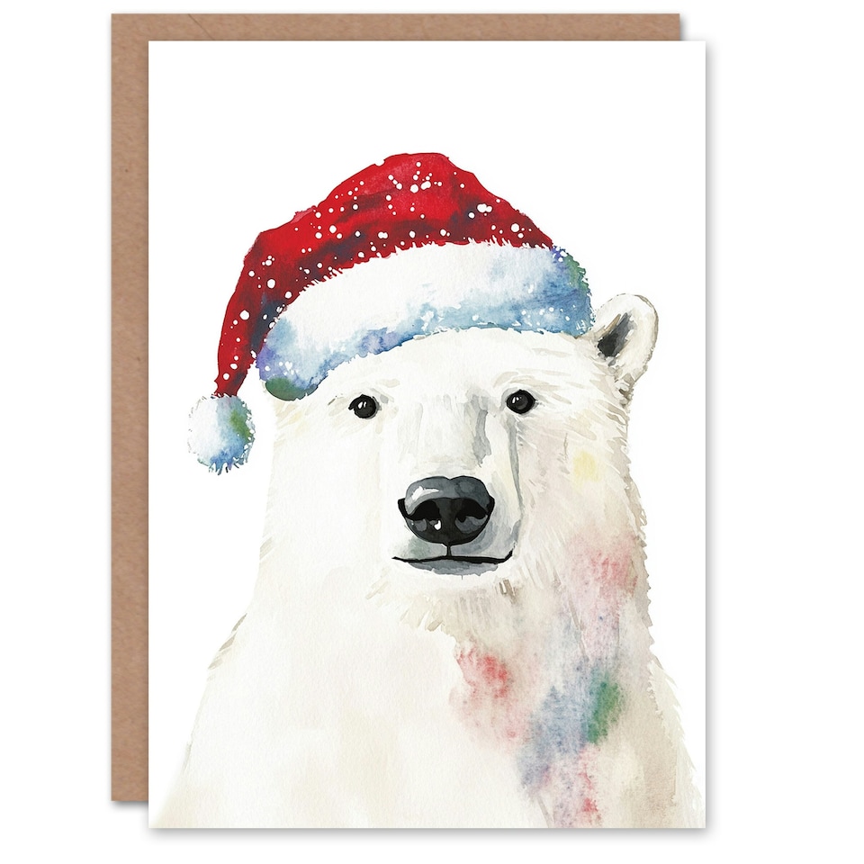image 1 of Polar Bear Santa Hat Bright Festive Fun Xmas Art Blank Christmas Card