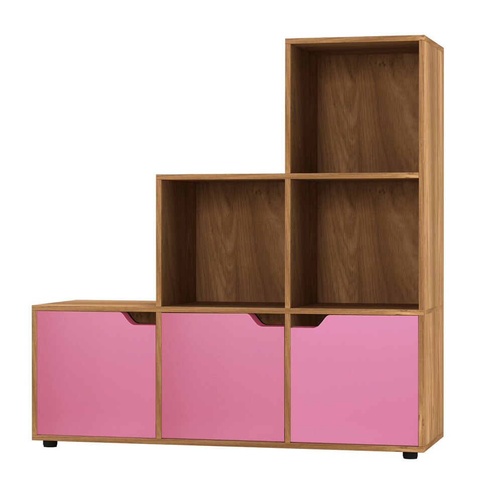 image 1 of 6-Cube Step Shelving Unit With Wooden Door | Brown | Oak & Pink | 1