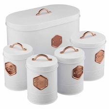 Cooks Professional 5 Piece Kitchen Storage Set - Tea, Coffee, Sugar, Bread & Biscuit Tins | White | White & Copper