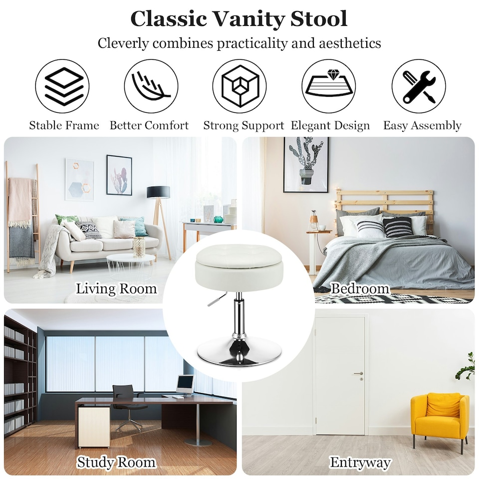 image 1 of Costway 360° Swivel Bar Stool w/ Lid Tufted Vanity Stool White