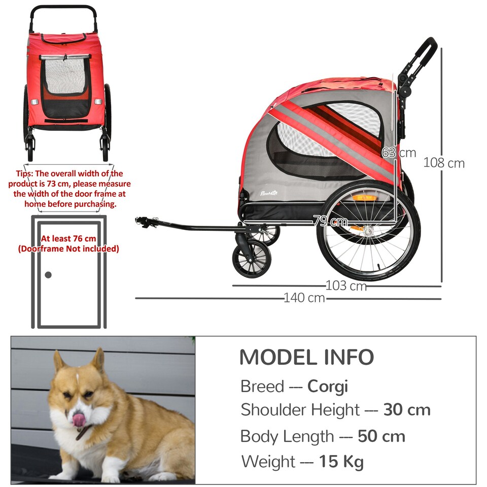 image 1 of PawHut 2-In-1 Dog Bike Trailer Stroller w/ Universal Wheel Reflector Flag Red