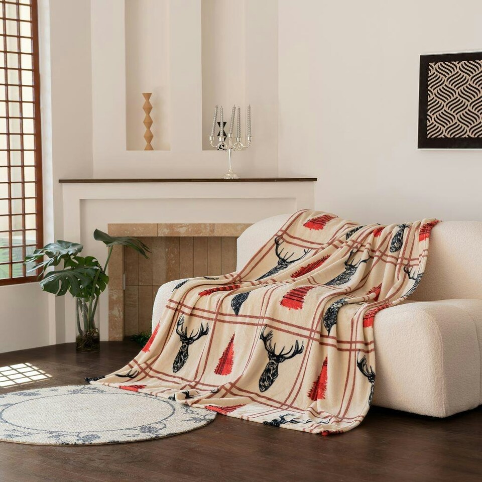 image 1 of Stag Teddy Fleece Throw - 150x200cm Cream