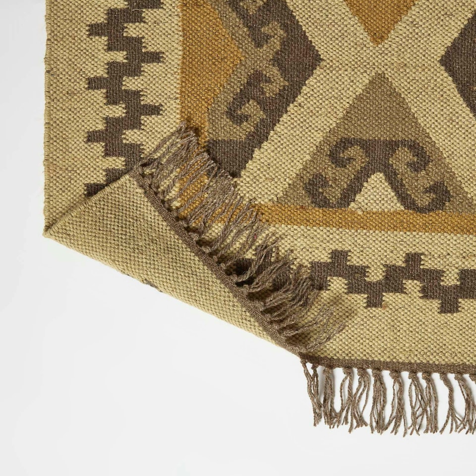 image 1 of Homescapes Ravar Brown and Gold Kilim Runner Wool Rug - 80 x 180 cm | Brown | 80 x 180 cm
