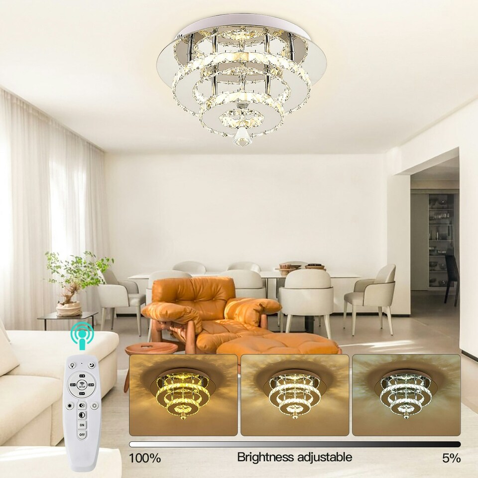 image 1 of Living and Home Modern Double-tier Crystal LED Ceiling Light | Chrome