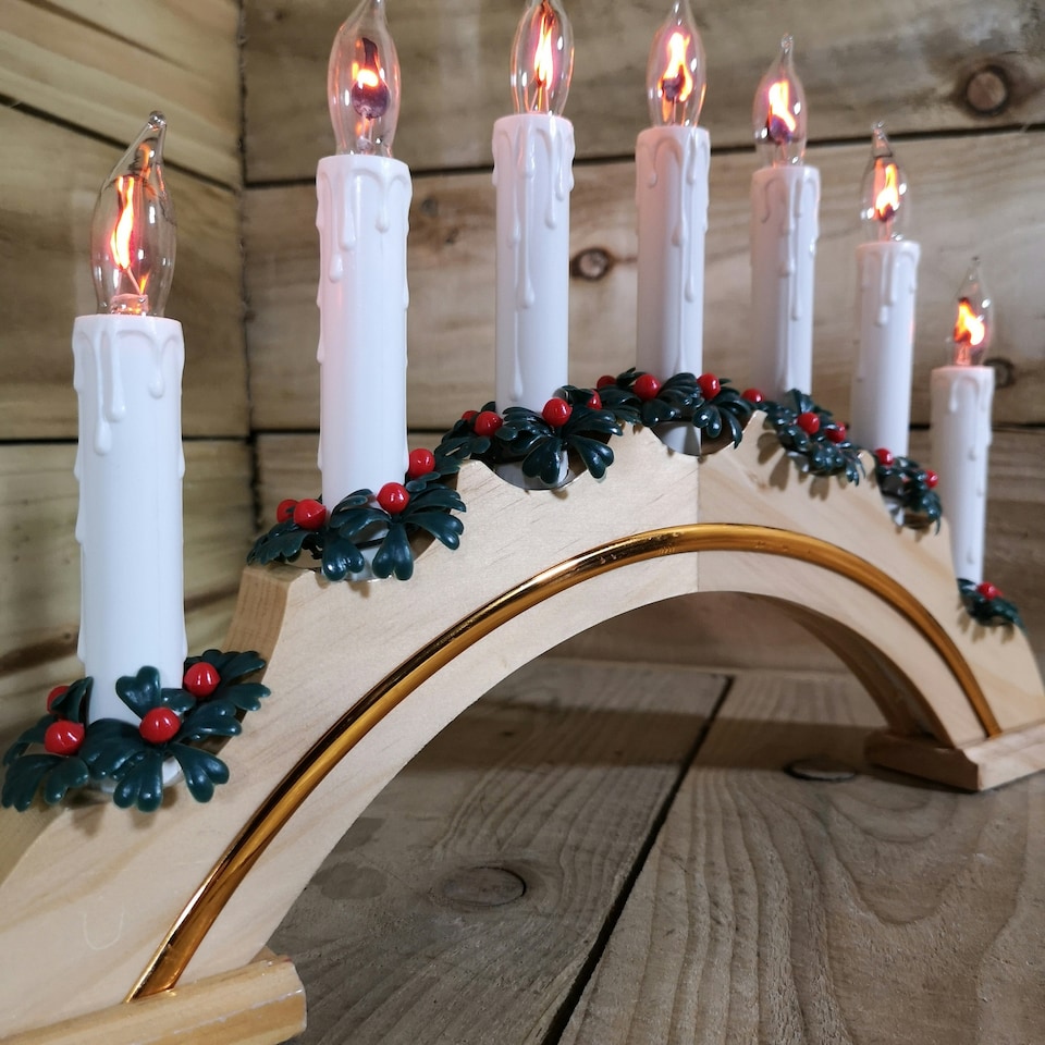 image 1 of Premier Wooden Christmas Candle Bridge Arch with 7 Flickering Candle Bulbs Mains Operated