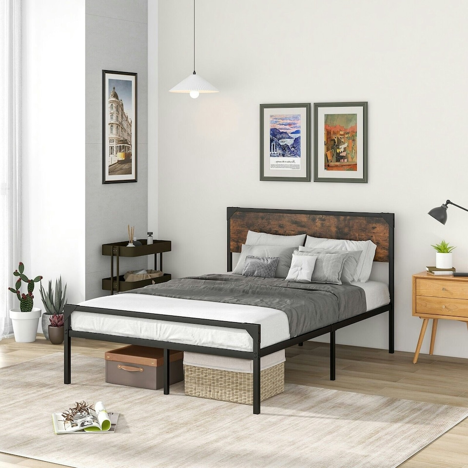 image 1 of COSTWAY Double Bed Frame Platform Bed with Headboard