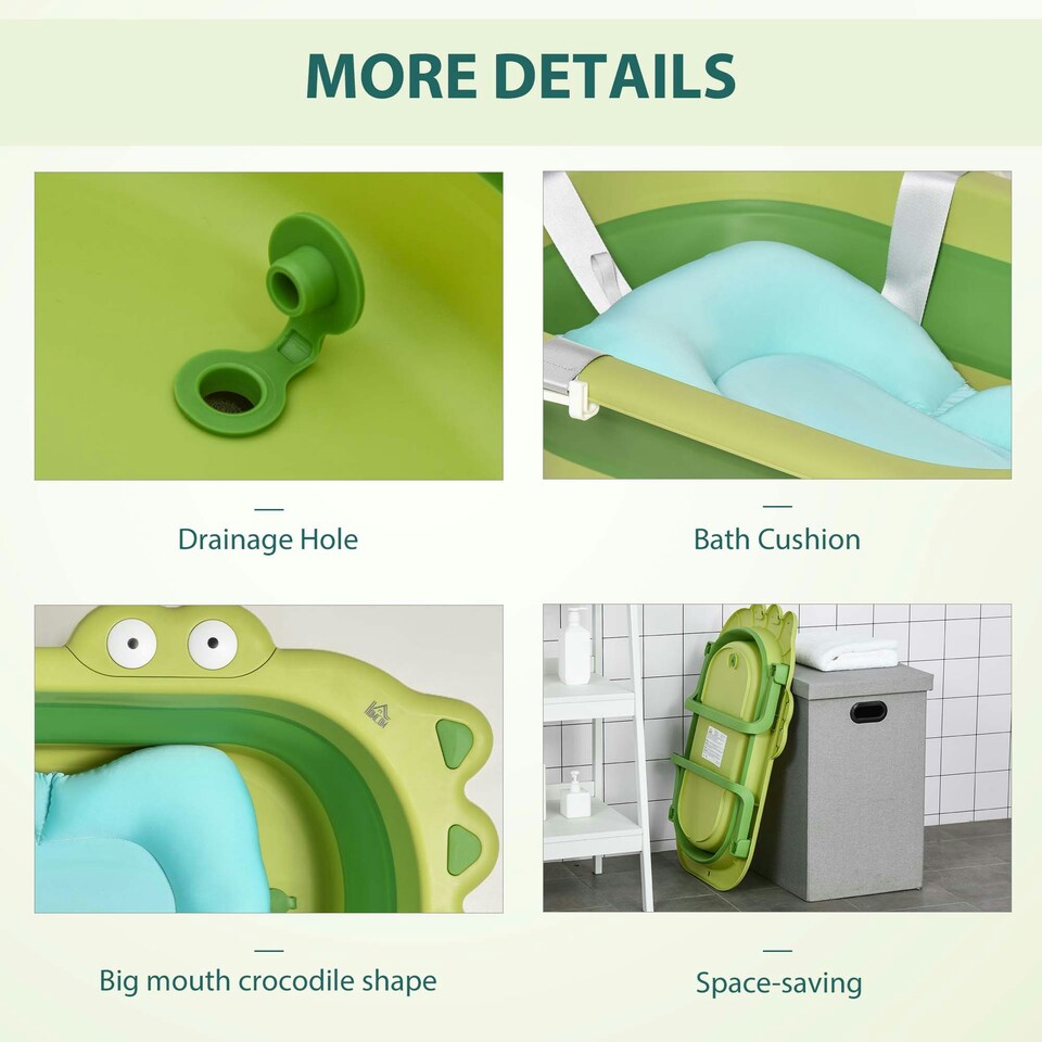 image 1 of HOMCOM Baby Bath Tub for Toddler Foldable w/ Baby Cushion for 0-3 Years Green