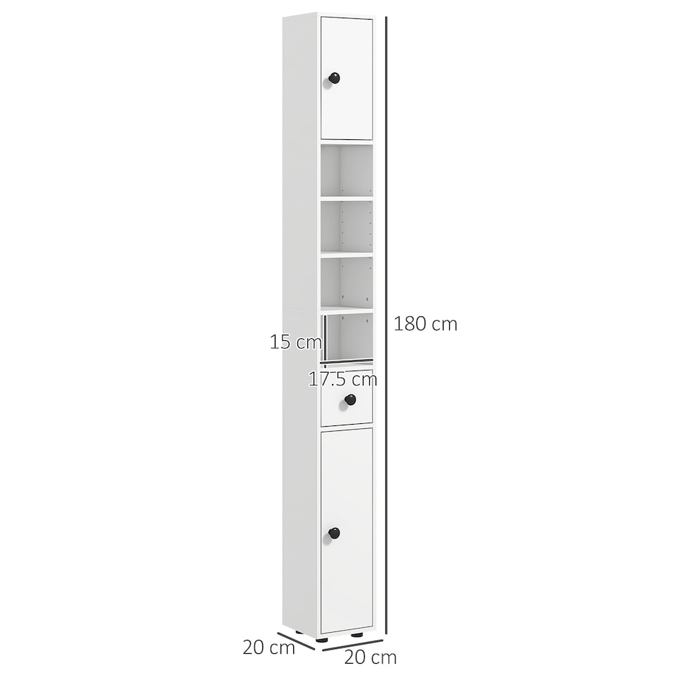 image 1 of kleankin 180cm Tall Bathroom Cabinet, Slim Bathroom Storage Cabinet with 4 Open Shelves, 2 Door Cupboards and Adjustable Shelves, White