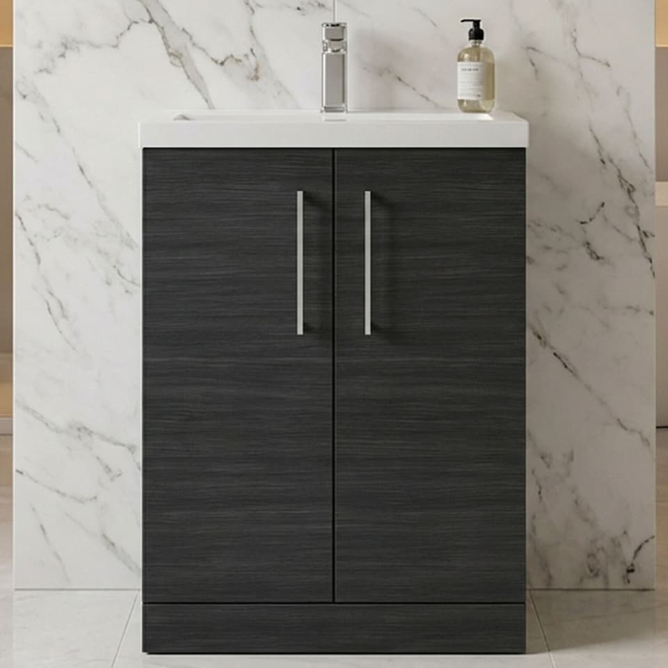 image 1 of Balterley Level Compact Bathroom Cloakroom Vanity Basin Unit with Ceramic Basin, Handles | Black | Black Woodgrain