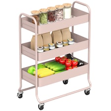 HOMCOM 3-Tier Storage Trolley on Wheels, Rolling Utility Cart with Mesh Backets, Mobile Storage Cart for Kitchen, Bathroom, Bedroom, Light Pink | Pink | Pink
