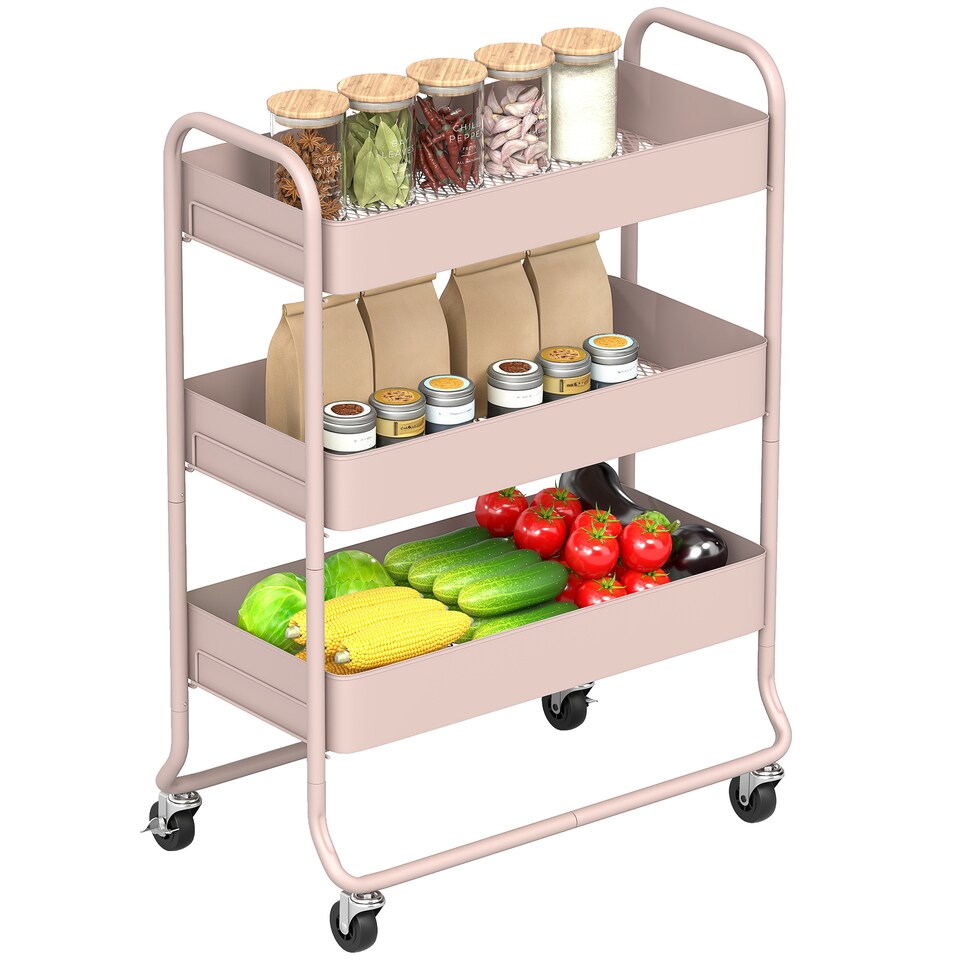 image 1 of HOMCOM 3-Tier Storage Trolley on Wheels, Rolling Utility Cart with Mesh Backets, Mobile Storage Cart for Kitchen, Bathroom, Bedroom, Light Pink | Pink | Pink