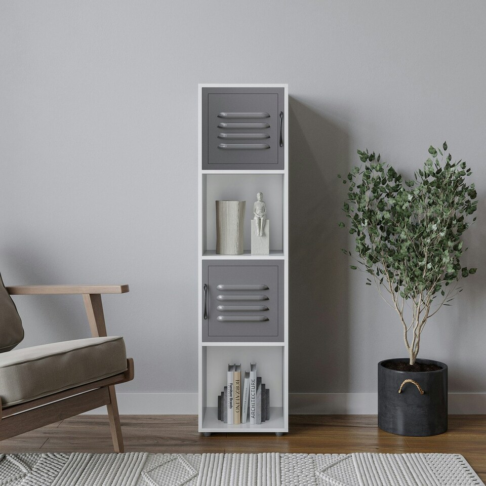 image 1 of 4 -Cube Tall Shelving Unit With Metal Doors Brown | Brown / Black
