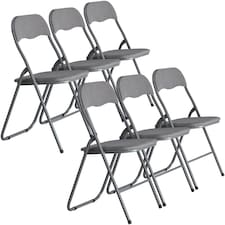 6 Pc Folding Lightweight Chair Set Portable Metal Frame PVC Velvet Ribcord Seats | Multi | Light Grey
