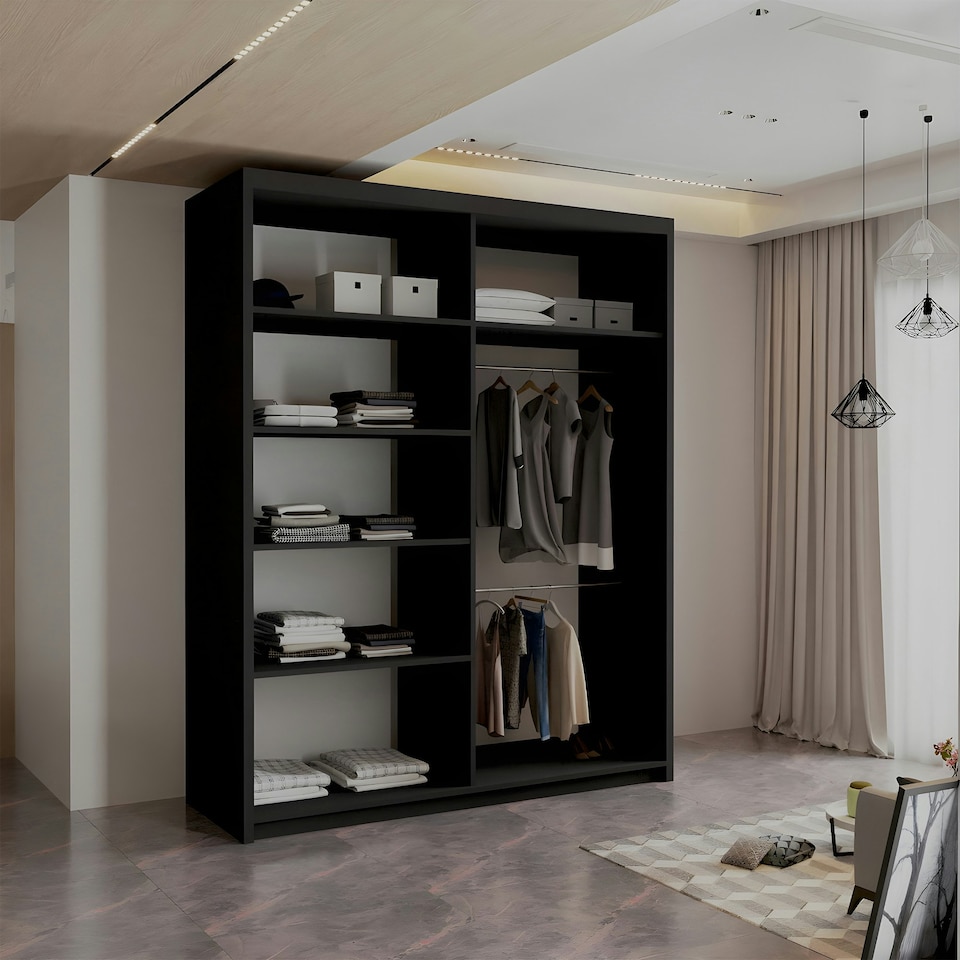 image 1 of Modern Vertical Panelled Sliding Wardrobe 150cm | White/Black/Grey/Oak 2-Door Bedroom Storage Black | Oak150cm