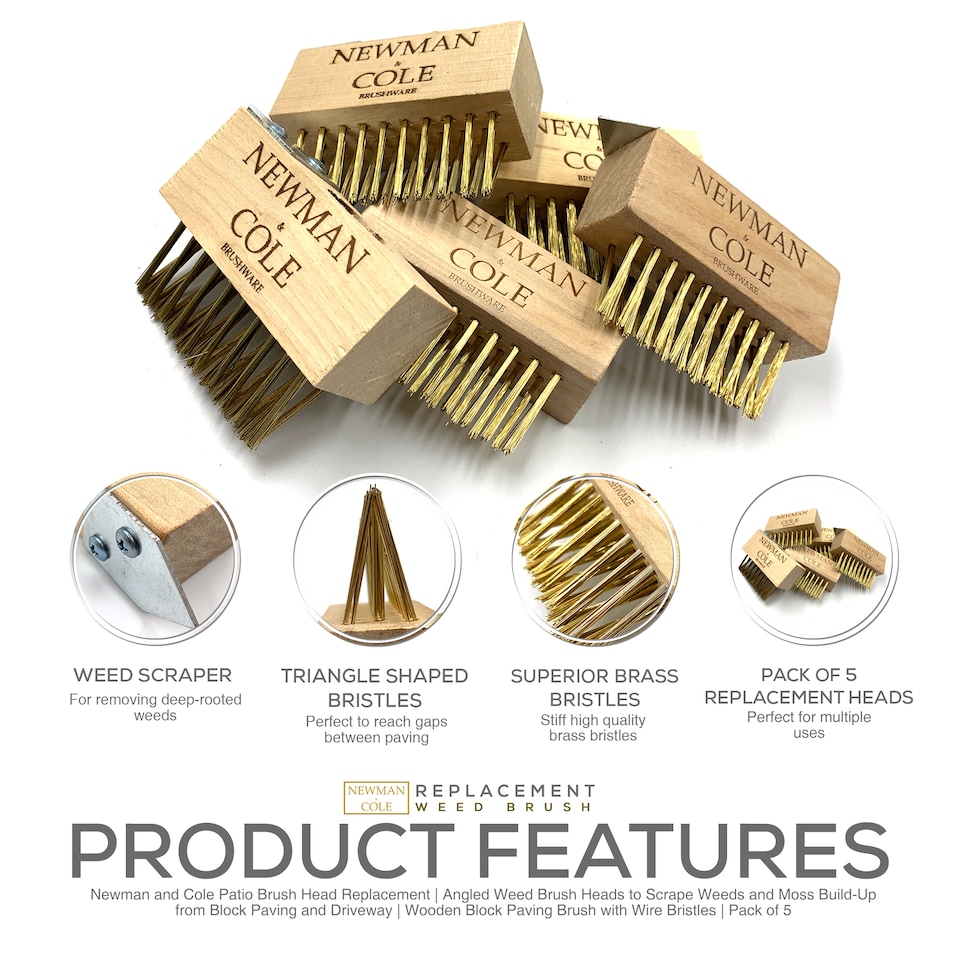 image 1 of Patio Weed Remover Brush Replacement Heads with Brass Bristles and Scraper - Pack of 5