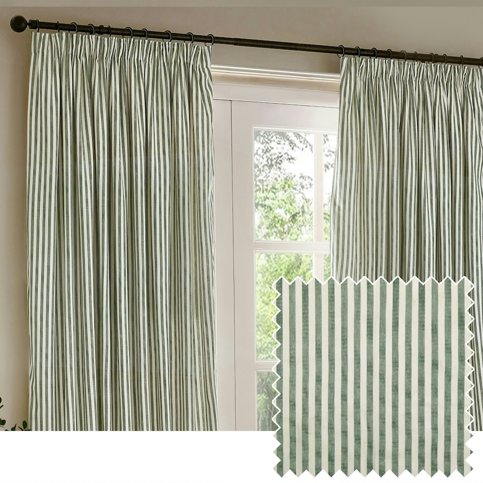 image 1 of Yard Hebden Striped Cotton Forest Pencil Pleat Curtains 117 x 137cm