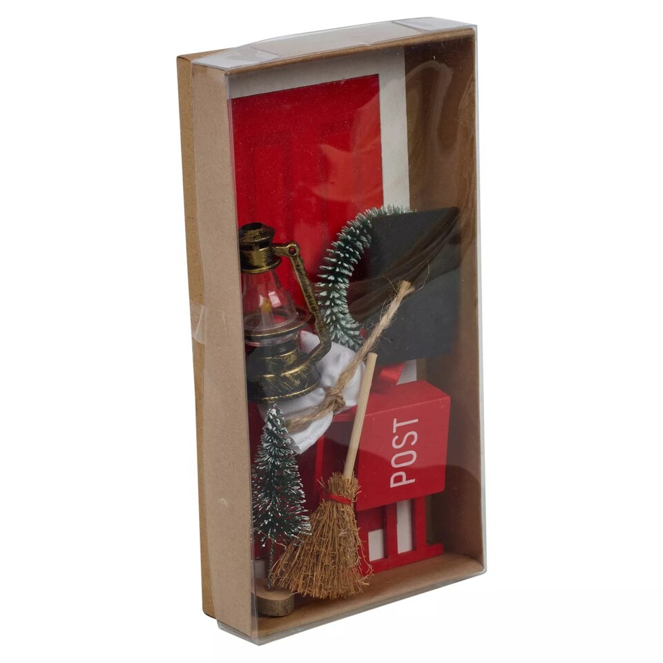 image 1 of 9Pcs Miniature Wooden Elf Christmas Village Scene Red & White Door Decoration | Multi | Multicoloured | Lamp Post
