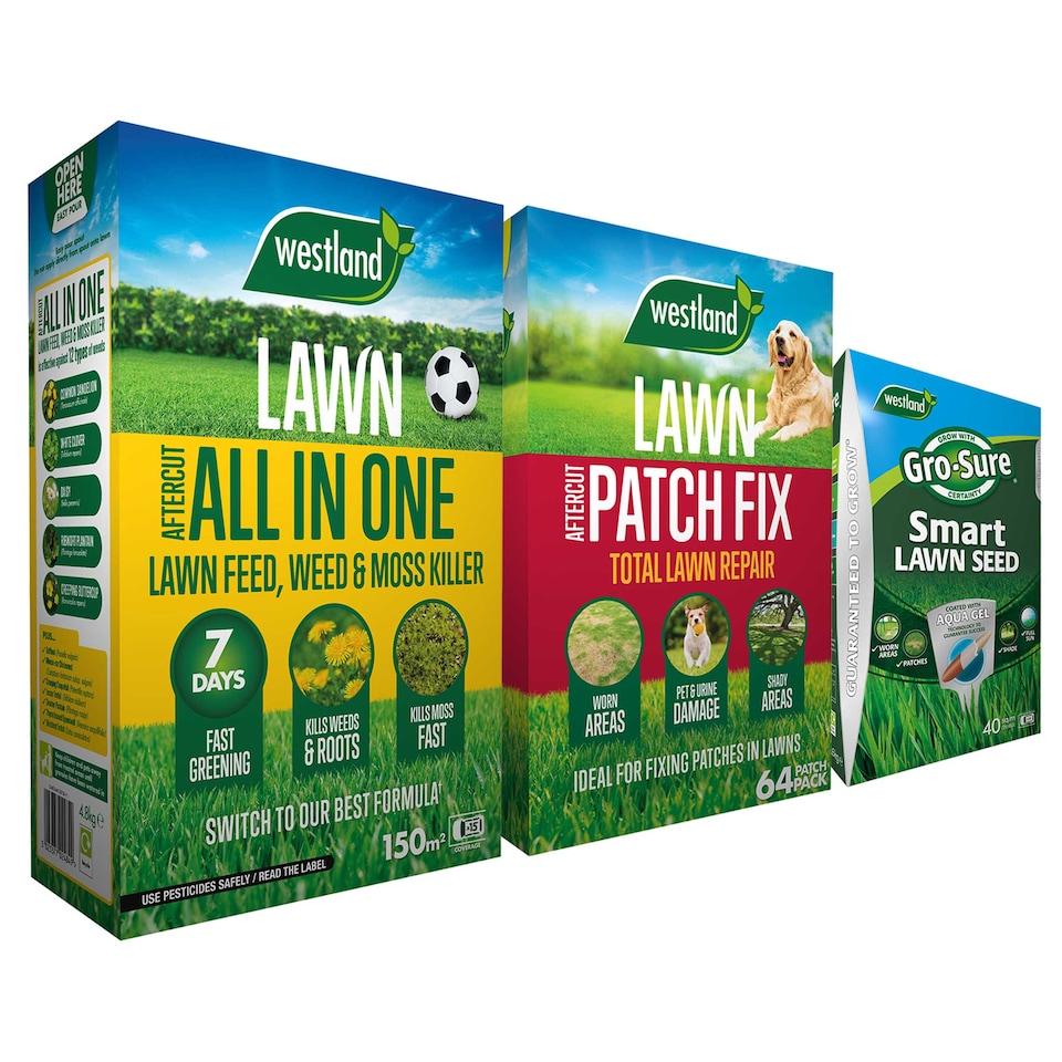 image 1 of Westland Ultimate Lawn Rescue Bundle - 80sqm bundle includes 80smq Aftercut All in One, 32 Patch Fix and 25sqm Gro Sure Smart Seed